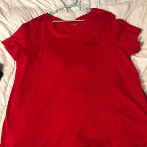 red tee shirt with peace sign and “stoked”